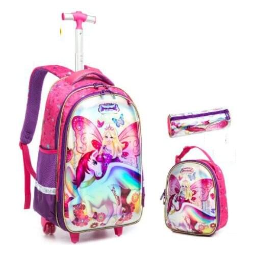 3D Children school wheeled backpack for girls kids School trolley bag set kids School Rolling backpack school trolley backpack