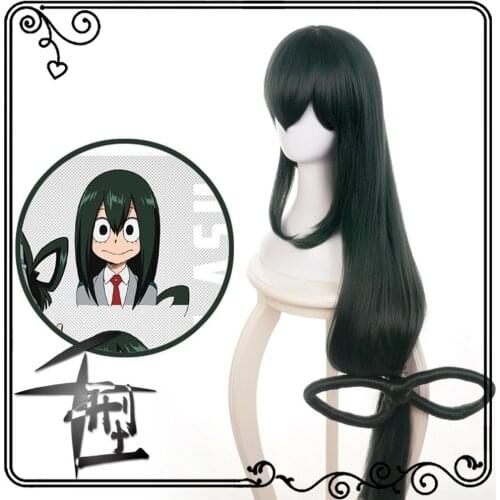 My Hero Academia Baku No Hero Asui Tsuyu Dark Green Long Straight Cosplay Wigs 80cm+Wig Caps