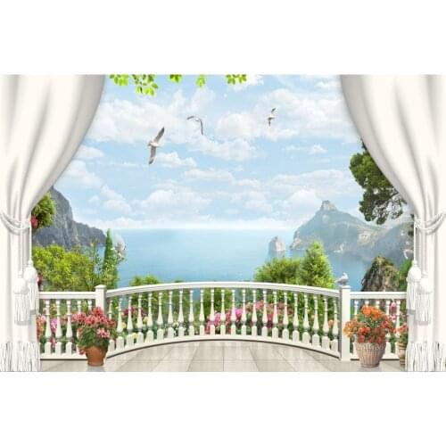 Seaside Landscape Curtain View Platform Photography Backgrounds Baby Child Portrait Photographic Backdrops For Home Photo Studio