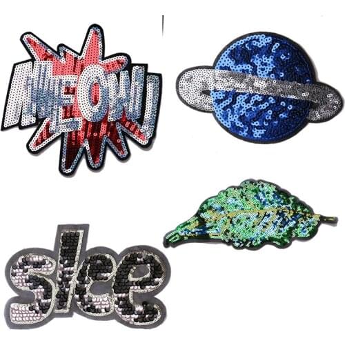 Fashion Sequin letter Planet Green leaf icon embroidery Applique Patches For kawaii clothes DIY Iron on Badges on a backpack