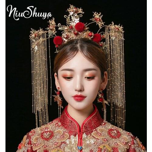 NiuShuya Traditional Chinese Style Red Velet Ball Bridal Headpiece Ancient Costume Long Tassel Wedding Jewelry Hair Accessories