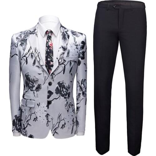 New Flower Pattern Fabric Single Breasted Blazers And Black Pant Leisure Banquet Terno Masculino Luxury Men Slim Host Clothing