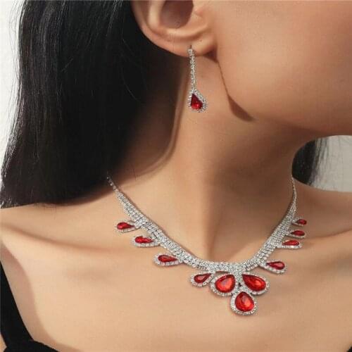 New Silver Plated Red Austrian Crystal chain necklace and Earring Jewelry Set Rhinestone womens necklace jewelry wholesale