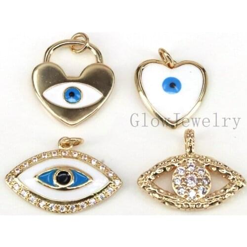 10Pcs ,Gold Filled CZ Micro Pave Eye /Heart /Padlock Shape Pendant, Enamel Charm, Necklace Bracelet Charms
