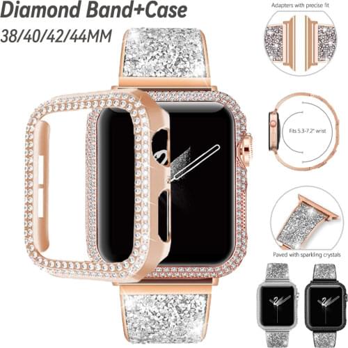 Diamond Strap+Case for Apple Watch Band 44mm 40mm Protective Cover Bracelet For Apple Watch 42mm 38mm Women Female Bling Belt