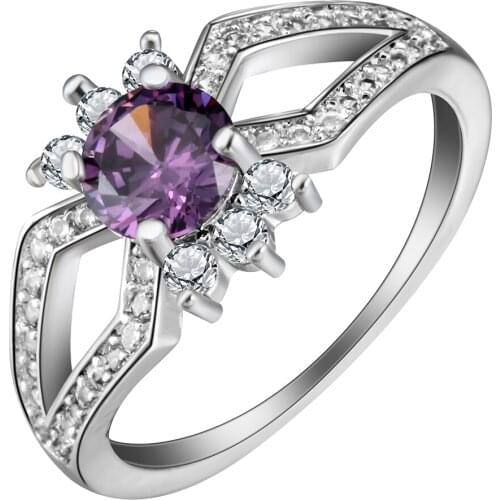 Silver color elegant purple CZ stone crystal engagement rings for women princess fashion jewellery accessories