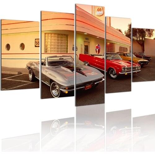 Vintage Garage Car Dusk 5 Panels DIY Wood Frame Canvas Painting Posters Wall Art Print Picture for Living Room Home Decoration