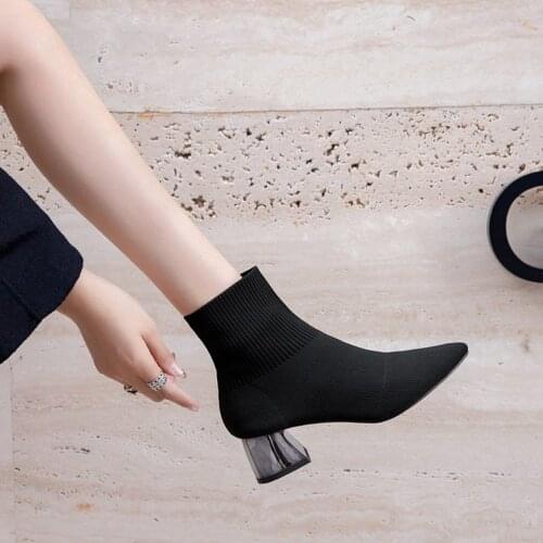 Knitted short boots womens 2020 autumn elastic socks boots womens thick heel pointed high heels ladies Chelsea boots women