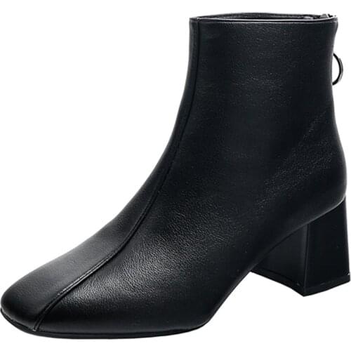 Womens Boots Autumn Winter 2021 New Fashion Square Head Thick Heel Black Leather Boots Womens High Heel Boots