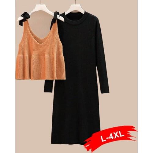 Knitted Women Plus Size 2 Piece Set Sexy V-neck Ruffles Bandage Vest+crewneck Pullover Dresses Winter Ladies Knitwear Suits