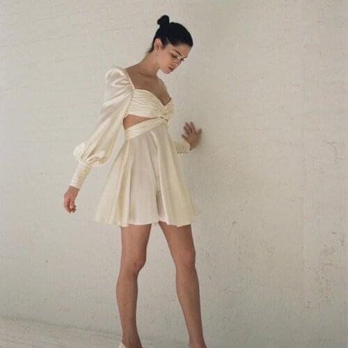 Womens Clothing Vintage Satin Elegant Lantern Sleeve A-Line Club Party Dress Sexy Hollow Out Bandage Backless Vestidos