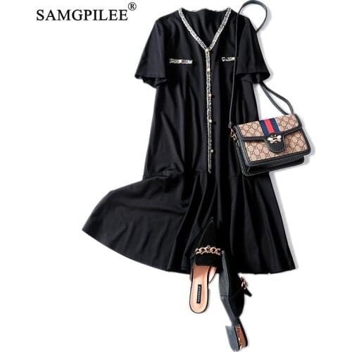 Women Dresses Summer 2020 Office Lady Plus Size Dress A-line Solid Appliques Knee-length Empire V-neck Women Summer Sundress 4XL