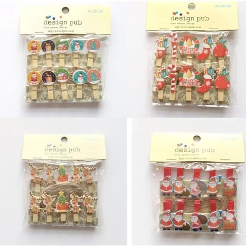 10pcs/set Cartoon Wooden Santa Claus Snowman Elk Merry Christmas Ornaments Photo Clip 2019 New Year Party Decor Postcard Clips
