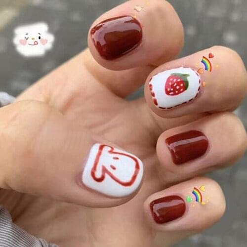 24pcs Strawberry Red Wear Short Paragraph Fashion Manicure Patch False Nails Save Time Wearable Nail Patch MH88