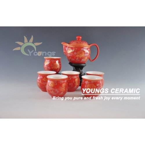 7 pcs set chinese red color glazed ceramic teaware set