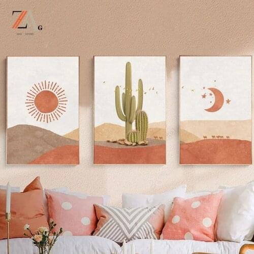 Abstract landscape sun and moon scene Boho canvas prints cactus wall poster art Nordic desert wall pictures for home decoration