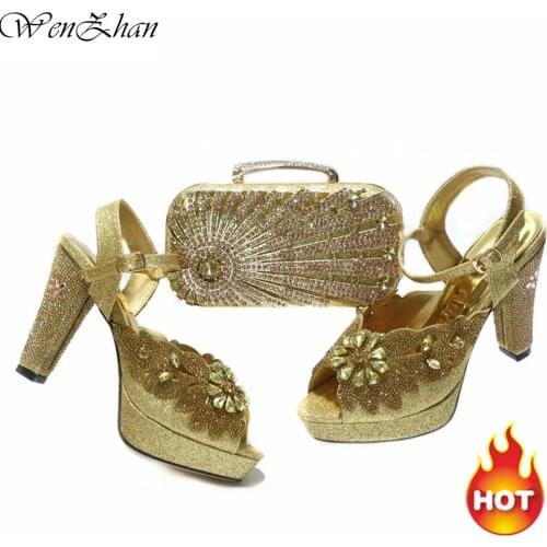 African Wedding Fashion High Heels Shoes and Bag Set Gold Italian Shoes with Matching Bags For Nigerian Women Party 38-43 e17-9