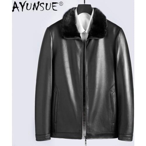 AYUNSUE Winter Genuine Sheepsikn Leather Jackets for Men Mink Fur Collar Mens Jackets Thicken Coats Casual Abrigo Hombre SQQ294