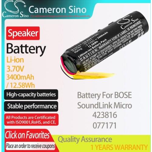 CameronSino Battery for BOSE SoundLink Micro 423816 fits BOSE 077171 Speaker Battery 3400mAh/12.58Wh 3.70V Li-ion Black
