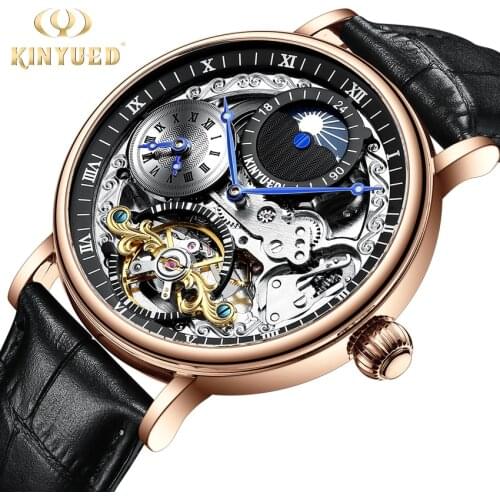 Multiple Time Zone Watch Automatic Mens Mechanical KINYUED Watches Moon Phase Wrist Watch Man Luxury Brand Relogio Masculino