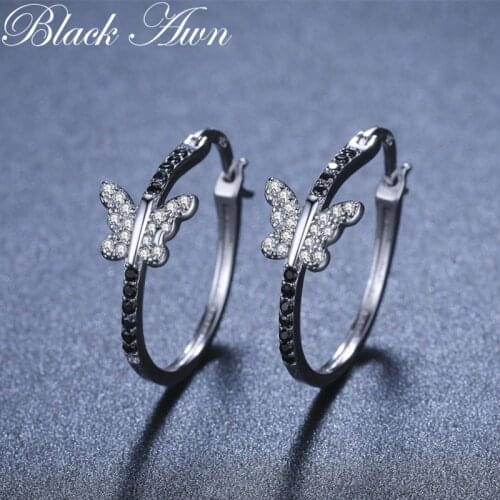 Black Awn Classic 925 Sterling Silver Butterfly Trendy Spinel Engagement Hoop Earrings for Women Fine Jewelry Bijoux I121