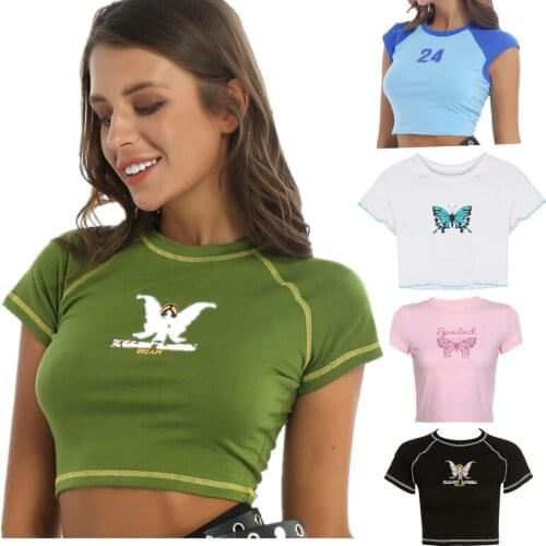E-girl Butterfly Graphic Printing Green Crop Tops Y2K Summer O-neck Short Sleeve T-shirts Vintage bf Clothing Tee