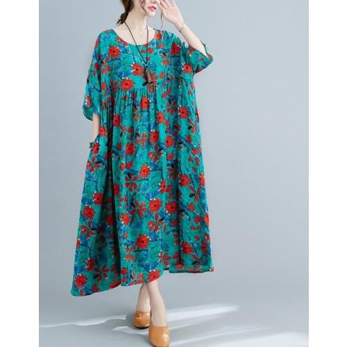 Oversize Cotton Linen Long Dress For Women One-Piece Korean Big Swing Floral Printed Midi Dress Vintage Casual Loose Boho Dress