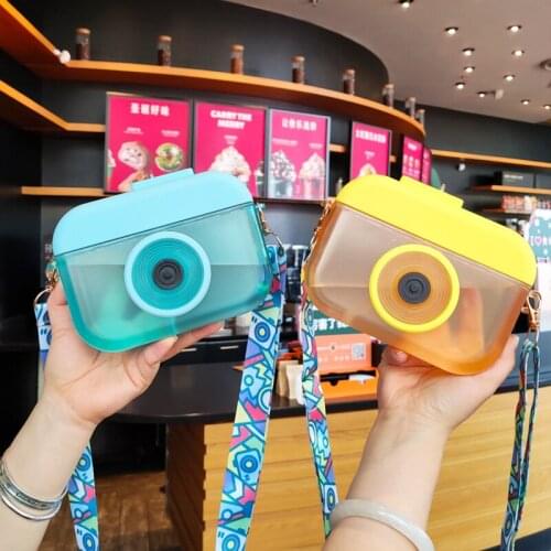 Ins Wind Camera Straw Plastic Cup Strap Juice Cup Leak-proof Lovely Girl Heart Female Student Cup Cute Water Bottle with Straw