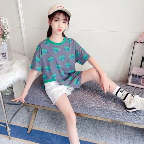 Summer Girls Cotton T-Shirt, Big Childrens Love Bottoming Shirt New Short-Sleeved Round Neck Pullover, Little Girl Long T-Shirt