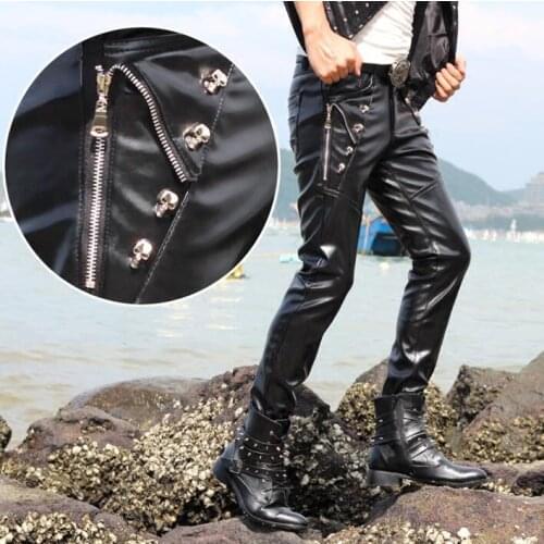 Autumn winter personality fashion motorcycle faux leather pants mens feet pants pu trousers for men plus velvet black thicken