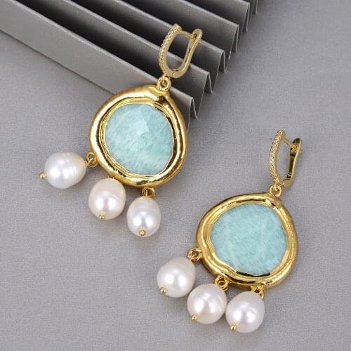 Natural Green Amazonites Cultured White Rice Pearl Dangle Earrings Ethnic Style For Women Lady Girl Gift Jewelry