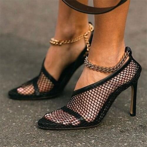 Newest Design High Heels Vintage Round head Stretch Pumps Women Gold Chain High Heels Shoes Air Mesh Women Shoes size 35-42