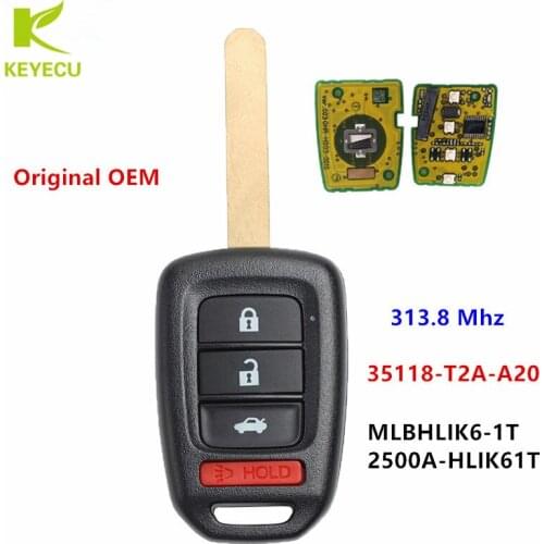KEYECU Original OEM Remote Head Key FOB 314MHz for H*ONDA A*CCORD 2013-2015 C*IVIC 2014-2015 PN: 35118-T2A-A20 / MLBHLIK6-1T
