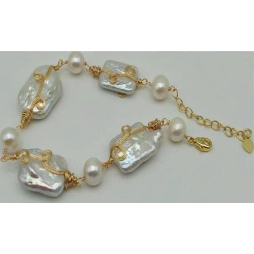 Jewelry Hand woven 14k Gold injection 100% Natural freshwater Baroque Pearl bracelet for women
