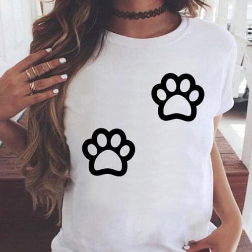 Women Graphic Dog Paw Cat Printing Summer Short Sleeve Casual Fashion Aesthetic Print Female Clothes Tops Tees Tshirt T-Shirt
