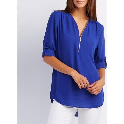 Spring Vintage Plus Size Womens Blouses Long Sleeve V Neck Zipper Ladies Tops Shirts Loose Rolled Up Chiffon Plaid Blusas Tunic