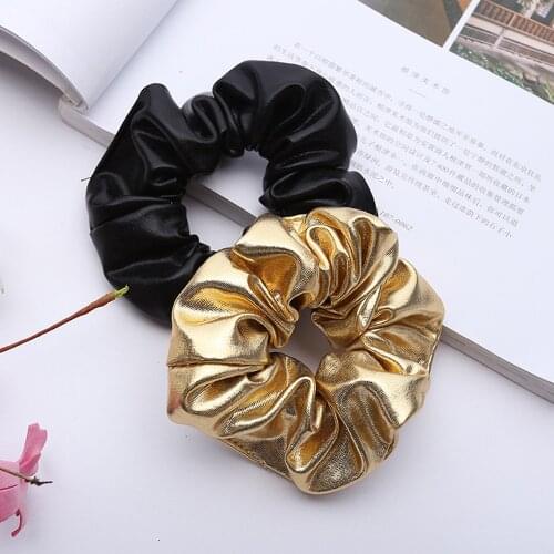 2020 New Arrival Women Faux Leather Elastic Hair Ties Girls Hairband Rope Ponytail Holder Scrunchie Gold Black Hair Accessories