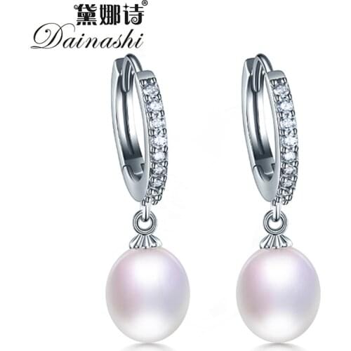 Dainashi Fashion 925 Sterling Silver Zircon Dangle Drop Earrings 100% Genuine Freshwater Cultured Pearl Drop Earrings for Women