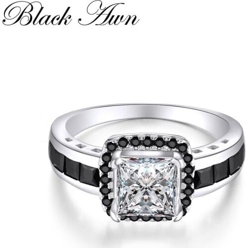 [BLACK AWN] Genuine 925 Sterling Silver Jewelry Rings for Women Black&White Stone Femme Ring Bijoux Bague C196