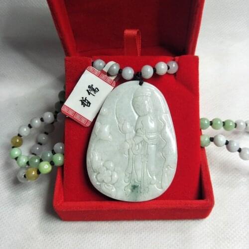 Zheru Jewelry The only piece of natural Jadeite light green lotus Guanyin pendant Three-color bead necklace Send A certificate