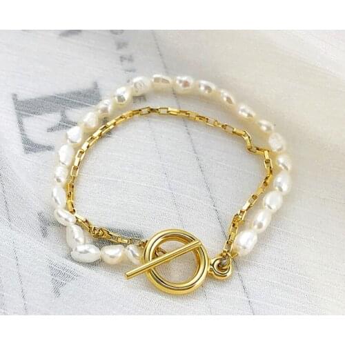Gold Stainless Steel Box Chain Pearl OT Buckle Double Charms Bracelet Bangle Double Chain 16cm for Women Girls