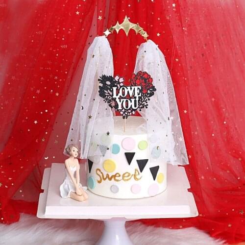 INS "LOVE YOU" Wediing Acrylic Cake Topper Rose Flower Valentines Day Cake Topper Supplies for Wediing Party Cake Decorations