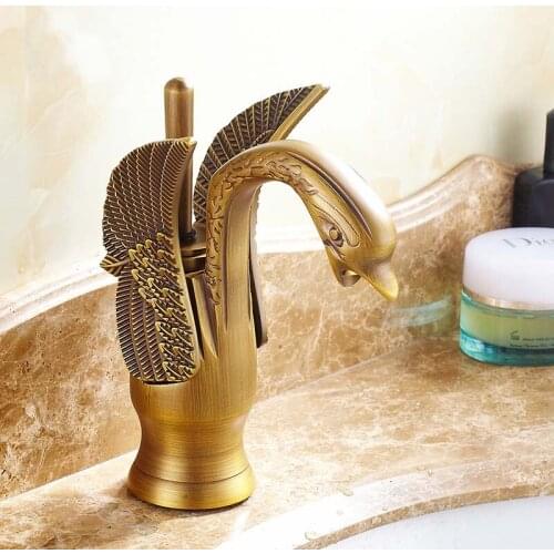 Antique Swan Shape Brass Basin Sink Faucet Bathroom Single Hole Basin Mixer Tap