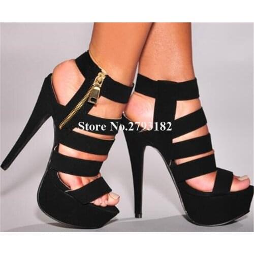 Summer Women Fashion Open Toe Suede Leather High Platform Stiletto Heel Sandals Black Straps High Heel Sandals Dress Heels
