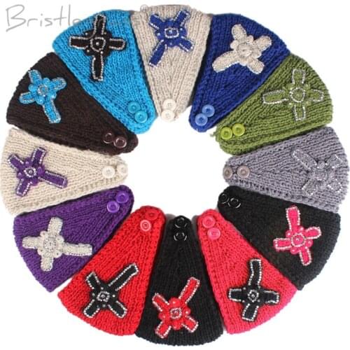 BRISTLEGRASS Women Winter Crochet Knitting Rhinestone Cross Knitted Headband with Button Headwrap Ear Warmer Turban Hair Band