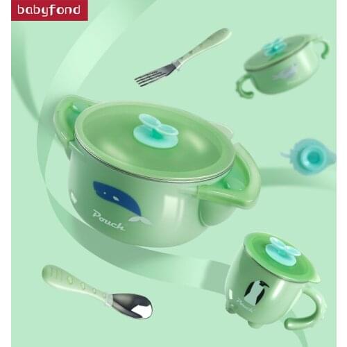 Pouch childrens tableware stainless steel anti-drop bowl sucker bowl food supplement bowl spoon set