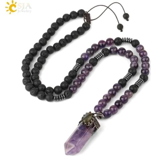 CSJA Natural Stone Long Necklaces Antique Silver-Color Hexagon Column Pendant Lava Bead Sweater Chain for Women Men Jewelry G311