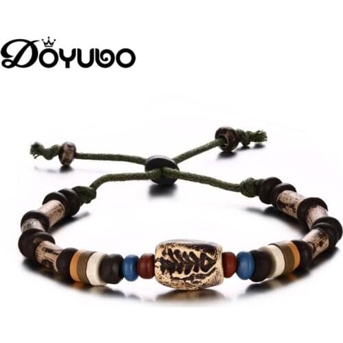 DOYUBO Fashion Mens Leather Fish Bone Bangles Punk Style Male Square Charms Adjustable Bangles Fashion Bracelets Jewelry DD040