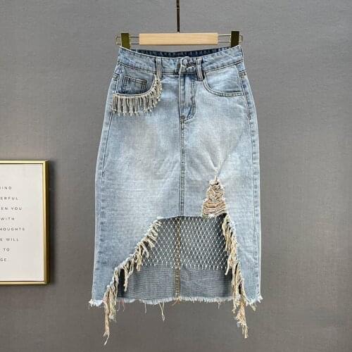 Denim Mini Skirt for Women 2021 Summer New High Waist Slim Fit Diamond-Embedded Fishnet Patch Ripped Jean Skirts Femme
