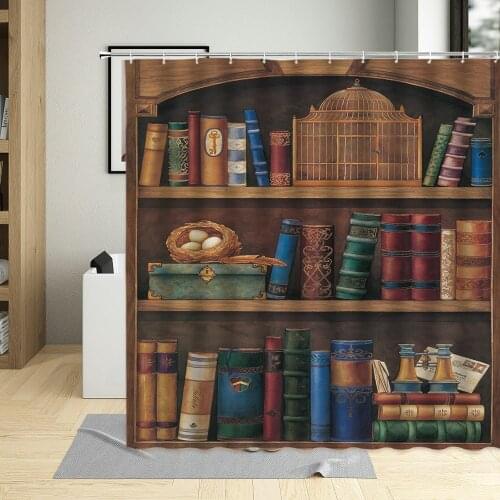 European Style Retro Bookcase Shower Curtain Library Pattern Home Decor Bathtub Curtains Waterproof Polyester With Hook Sets